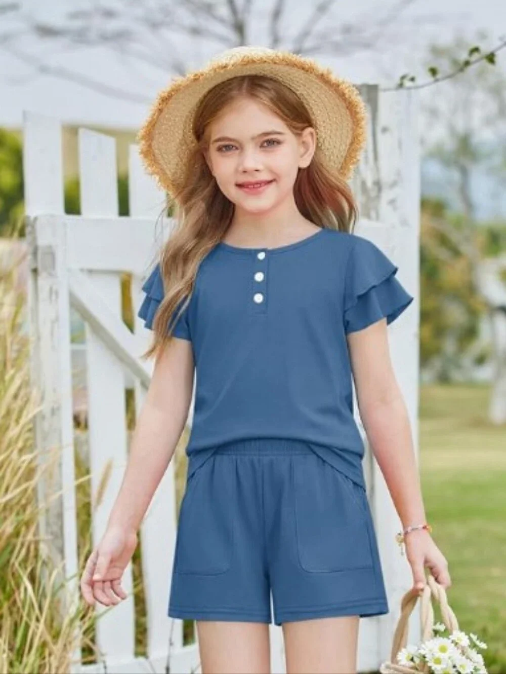 Girls Summer Outfits Ruffle Sleeve Button Down Shirts Shorts Set Blue